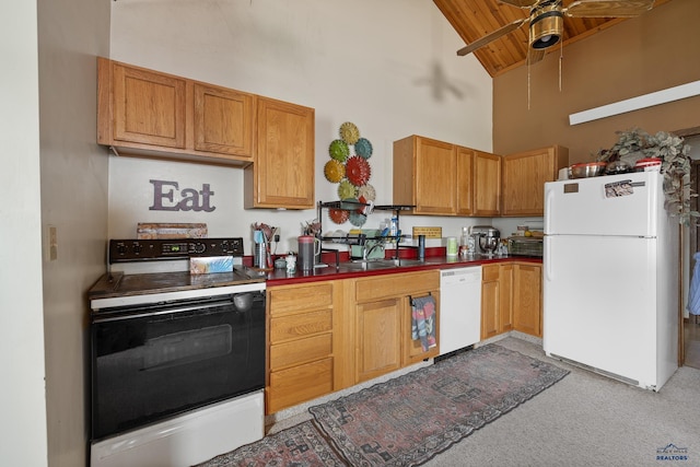 5400 Cedar Dr, Black Hawk, SD 57718 - kitchen with white appliances, high vaulted ceiling, a wooden ceiling with exposed beams, a ceiling fan, and light carpet