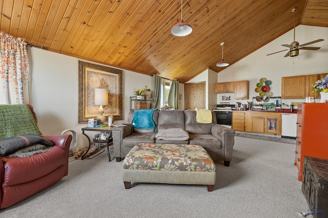 5400 Cedar Dr, Black Hawk, SD 57718 - carpeted living area with vaulted ceiling, a ceiling fan, and wooden ceiling