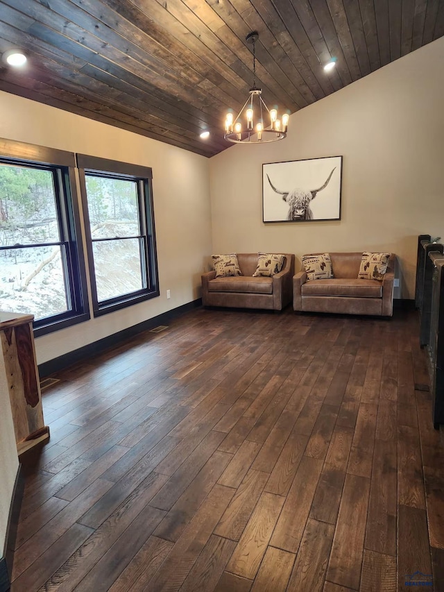 20746 Monte Carlo Rd, Lead, SD 57754 - living room featuring dark wood-style flooring, a chandelier, wood ceiling, and recessed lighting
