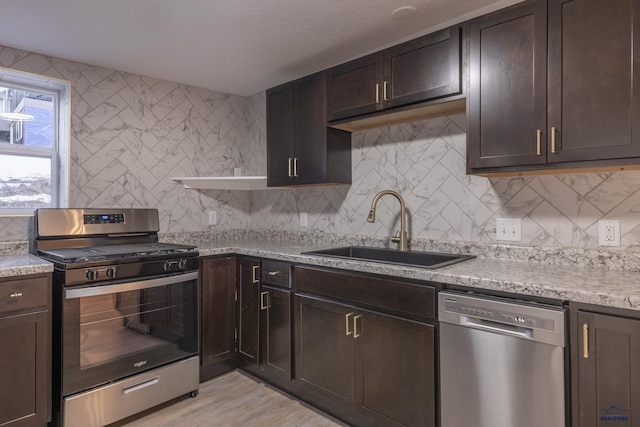 807 Addie St Unit 807Upper, Addie, Lead, SD 57754 - kitchen featuring appliances with stainless steel finishes, dark brown cabinets, open shelves, tasteful backsplash, and light wood-style floors