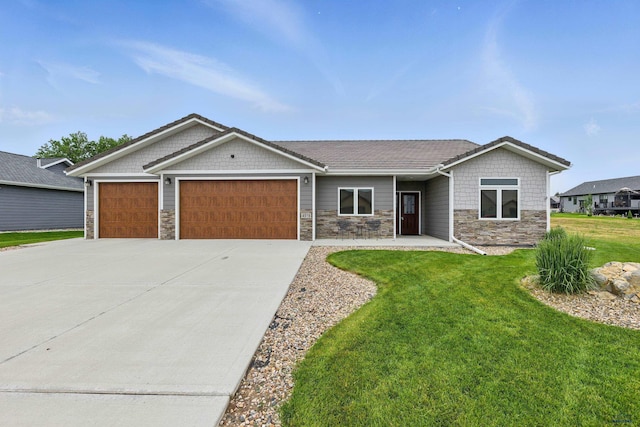 4519 Jolly Ln, Rapid City, SD 57701 - craftsman house with stone siding, a garage, a front yard, and driveway