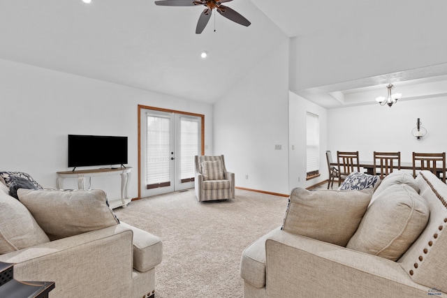 6401 Mountain Meadow Rd, Black Hawk, SD 57718 - living area featuring light colored carpet, ceiling fan, recessed lighting, french doors, and lofted ceiling