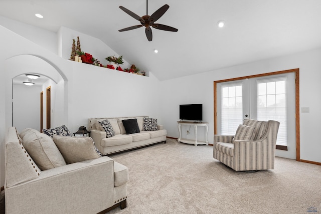 6401 Mountain Meadow Rd, Black Hawk, SD 57718 - living area with a ceiling fan, arched walkways, light colored carpet, recessed lighting, and high vaulted ceiling