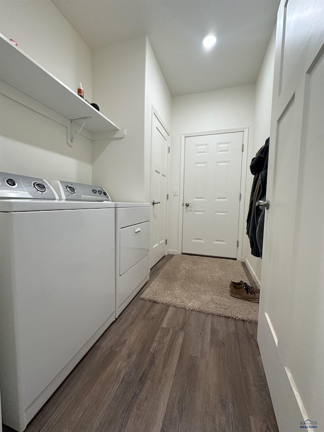 215 Aurora Ave, Spearfish, SD 57783 - washroom featuring washing machine and dryer and dark wood-style floors