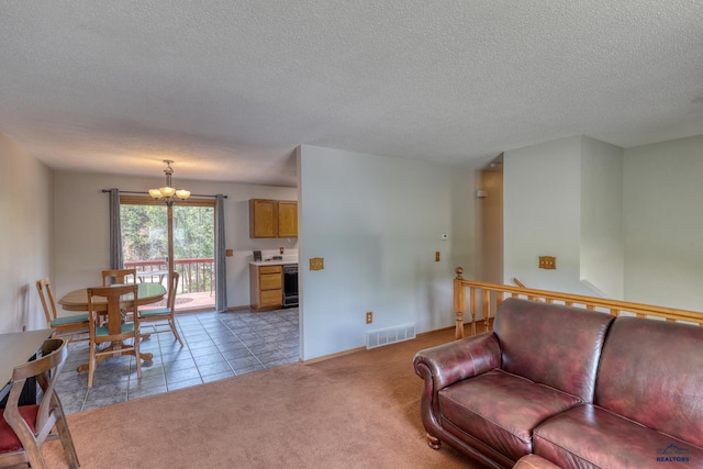 20 Mcmasters Dr, Deadwood, SD 57732 - living area featuring a textured ceiling, beverage cooler, light colored carpet, and light tile patterned flooring