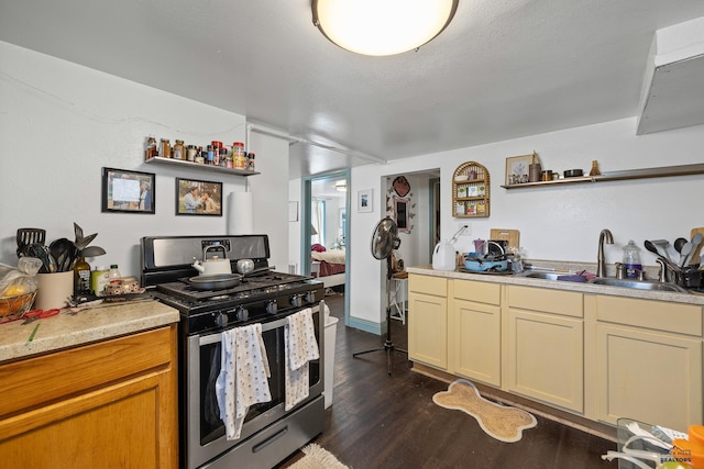 911 Haines Ave, Rapid City, SD 57701 - kitchen featuring gas stove, dark wood finished floors, open shelves, and light countertops