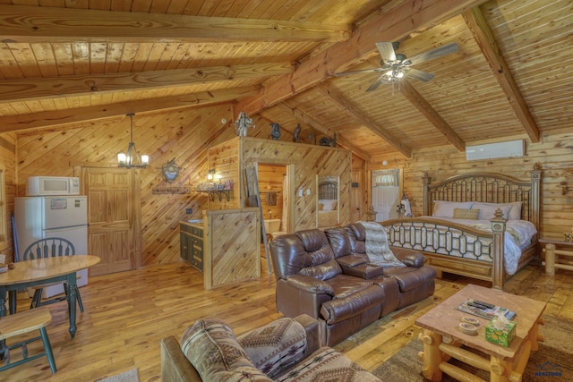 20813 Legends Ln, Sturgis, SD 57785 - bedroom with wooden ceiling, wooden walls, freestanding refrigerator, light wood-style floors, and a chandelier