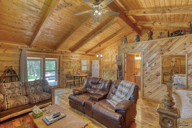 20813 Legends Ln, Sturgis, SD 57785 - living area with wood ceiling, light wood-style floors, wood walls, and ceiling fan