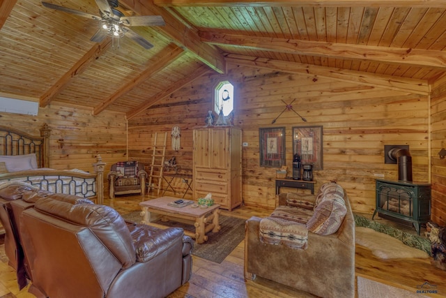 20813 Legends Ln, Sturgis, SD 57785 - living room with wooden ceiling, a wood stove, hardwood / wood-style flooring, wooden walls, and a ceiling fan