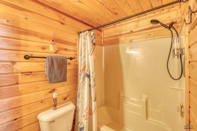 20813 Legends Ln, Sturgis, SD 57785 - full bathroom with shower / bathtub combination with curtain, wood walls, and wooden ceiling