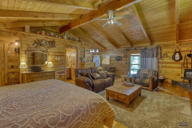 20813 Legends Ln, Sturgis, SD 57785 - bedroom with a wood stove, hardwood / wood-style floors, wooden ceiling, and wood walls