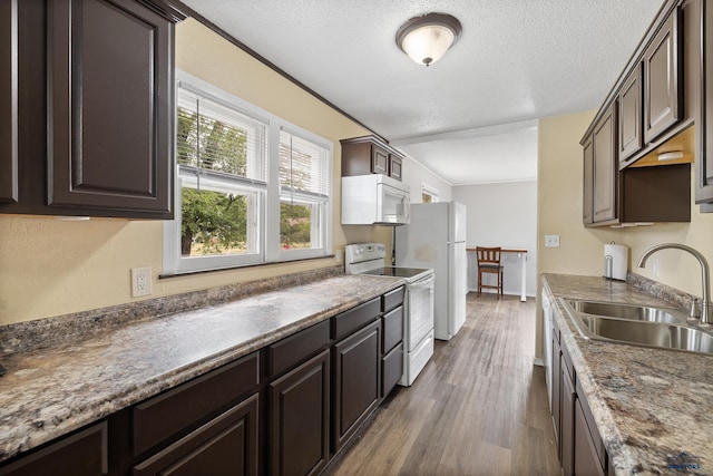 102 E Madison, Rapid City, SD 57001 - kitchen featuring white appliances, dark wood-type flooring, dark brown cabinets, and a textured ceiling