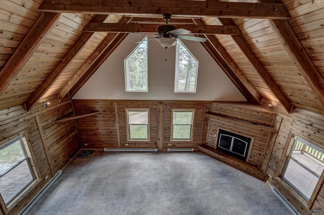 23217 Carbon Loop, Rapid City, SD 57702 - unfurnished living room with wood walls, a wood ceiling with exposed beams, a fireplace, carpet, and high vaulted ceiling