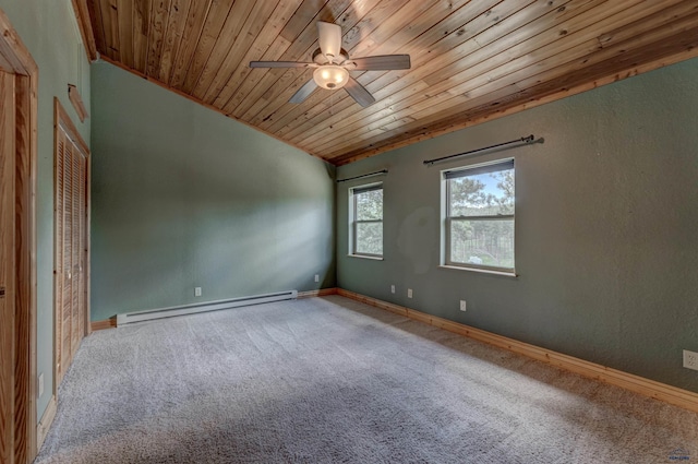 23217 Carbon Loop, Rapid City, SD 57702 - carpeted empty room featuring a baseboard heating unit, wooden ceiling, a ceiling fan, and lofted ceiling