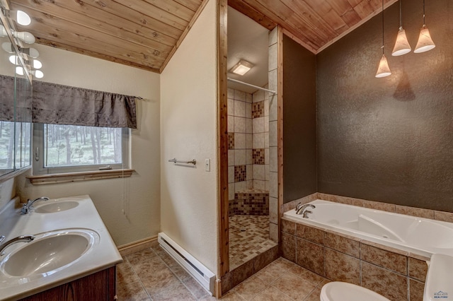 23217 Carbon Loop, Rapid City, SD 57702 - full bath featuring a baseboard heating unit, wood ceiling, a garden tub, lofted ceiling, and tile patterned flooring