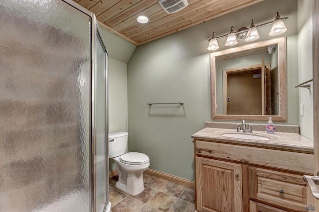 23217 Carbon Loop, Rapid City, SD 57702 - bathroom featuring wood ceiling, vanity, a shower stall, recessed lighting, and stone finish flooring