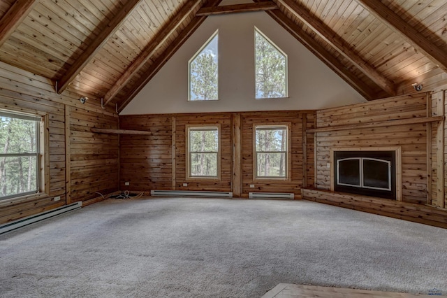 23217 Carbon Loop, Rapid City, SD 57702 - unfurnished living room featuring high vaulted ceiling, a baseboard radiator, carpet, healthy amount of natural light, and a wood ceiling with exposed beams