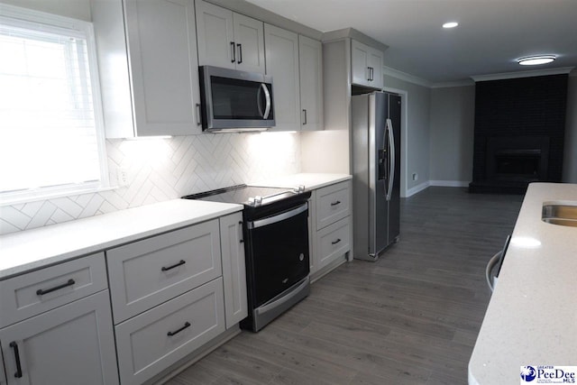 kitchen with backsplash, stainless steel appliances, dark hardwood / wood-style floors, a fireplace, and ornamental molding