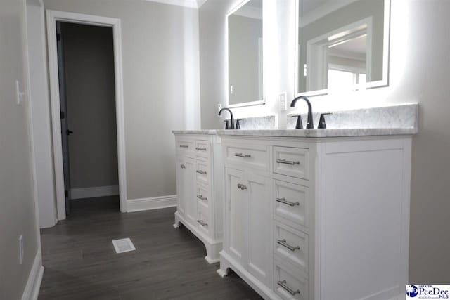 bathroom featuring vanity and wood-type flooring