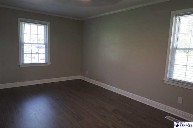 empty room with crown molding, plenty of natural light, and dark wood-type flooring