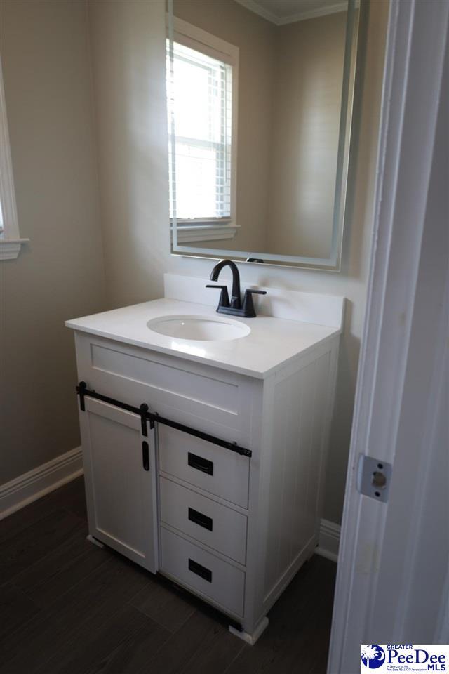 bathroom featuring vanity and hardwood / wood-style floors