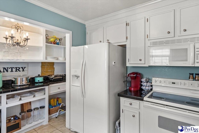 3109 Stillwater Ln, Florence, SC 29501 - kitchen with white appliances, open shelves, white cabinetry, tile counters, and ornamental molding