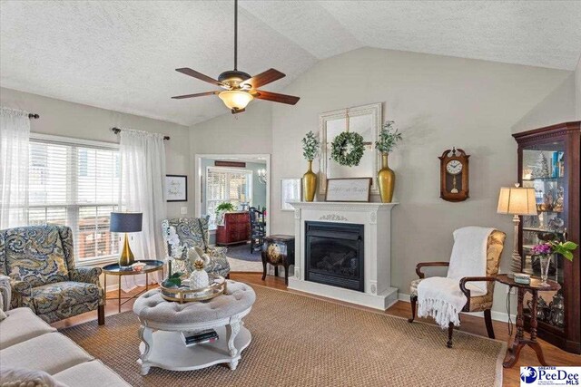 3109 Stillwater Ln, Florence, SC 29501 - living room with lofted ceiling, a ceiling fan, wood finished floors, a fireplace with raised hearth, and a textured ceiling