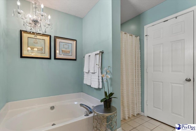 3109 Stillwater Ln, Florence, SC 29501 - bathroom with tile patterned flooring, a chandelier, a bath, a textured ceiling, and a shower with curtain