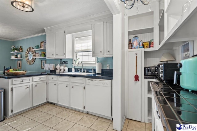 3109 Stillwater Ln, Florence, SC 29501 - kitchen with dishwasher, open shelves, a sink, white cabinets, and crown molding