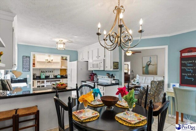 3109 Stillwater Ln, Florence, SC 29501 - dining area with a chandelier, crown molding, light tile patterned floors, and a textured ceiling