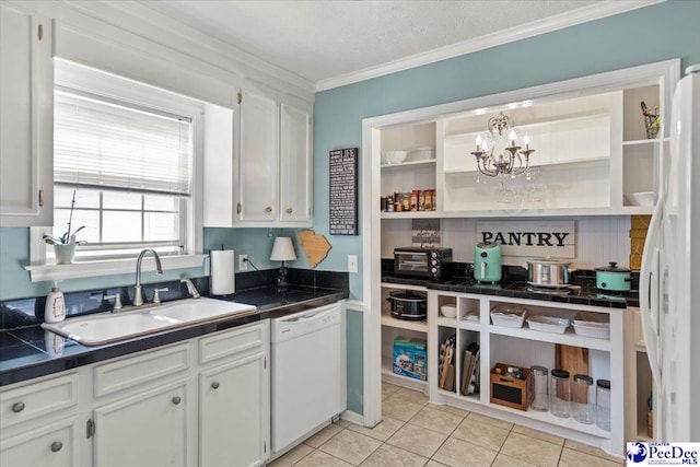 3109 Stillwater Ln, Florence, SC 29501 - kitchen with white appliances, open shelves, white cabinetry, a sink, and crown molding