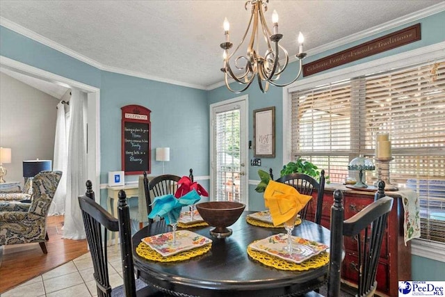3109 Stillwater Ln, Florence, SC 29501 - tiled dining room with a chandelier, crown molding, and a textured ceiling
