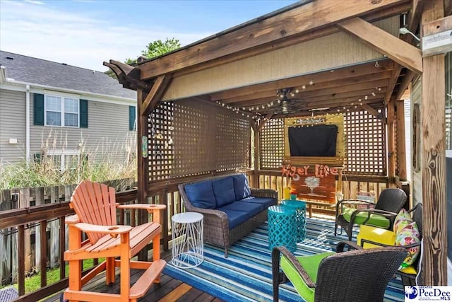 3109 Stillwater Ln, Florence, SC 29501 - deck with an outdoor hangout area and a ceiling fan