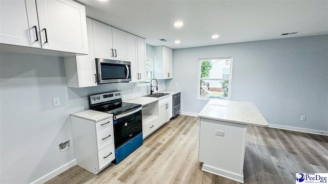 kitchen featuring a kitchen island, white cabinetry, appliances with stainless steel finishes, and sink