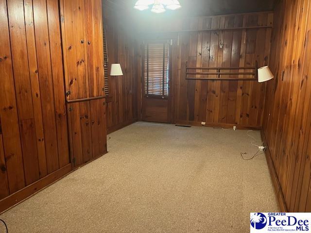 carpeted empty room featuring wood walls