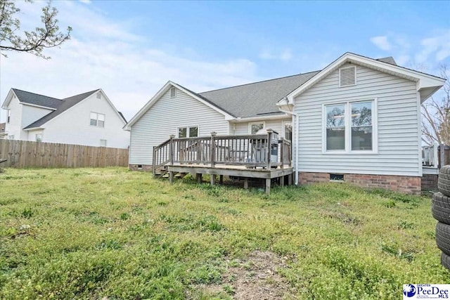316 Magna Carta Rd, Florence, SC 29501 - rear view of property with a deck, a yard, fence, and crawl space