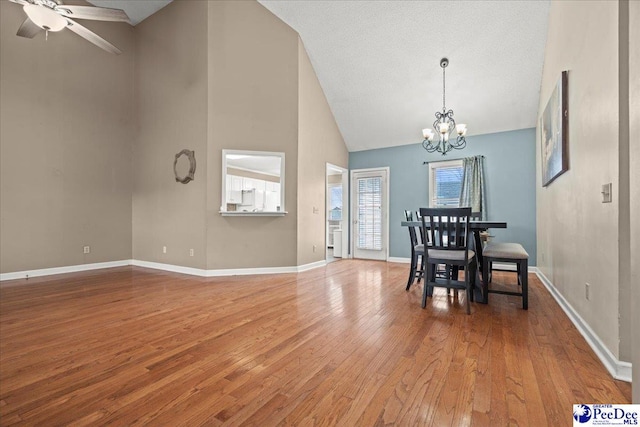 316 Magna Carta Rd, Florence, SC 29501 - unfurnished dining area featuring baseboards, high vaulted ceiling, light wood-style flooring, and ceiling fan with notable chandelier