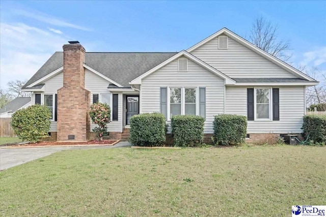 316 Magna Carta Rd, Florence, SC 29501 - ranch-style house with crawl space, a front yard, roof with shingles, and a chimney