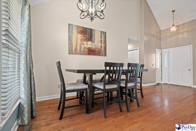 316 Magna Carta Rd, Florence, SC 29501 - dining area featuring high vaulted ceiling, wood finished floors, baseboards, and a chandelier