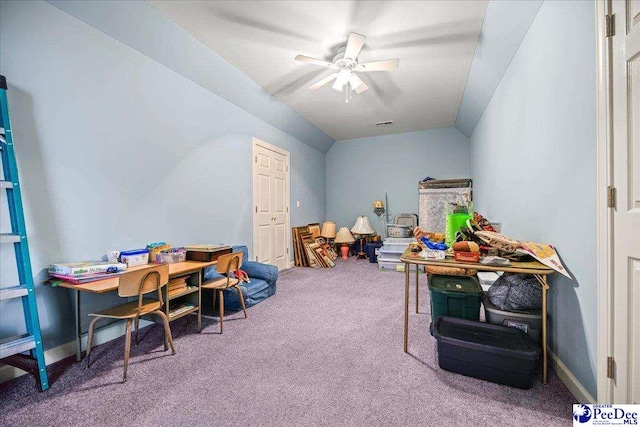 1020 Bentwood Rd, Hartsville, SC 29550 - game room featuring baseboards, lofted ceiling, carpet, and a ceiling fan