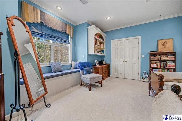 1020 Bentwood Rd, Hartsville, SC 29550 - sitting room featuring carpet floors, crown molding, and recessed lighting