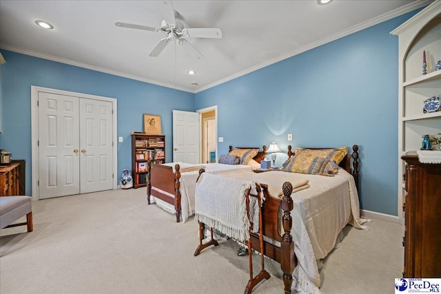 1020 Bentwood Rd, Hartsville, SC 29550 - carpeted bedroom with crown molding, a closet, and recessed lighting