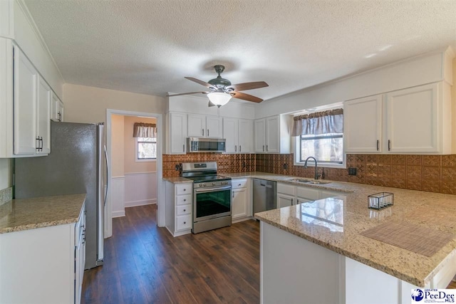 kitchen with plenty of natural light, stainless steel appliances, a sink, white cabinetry, and a peninsula