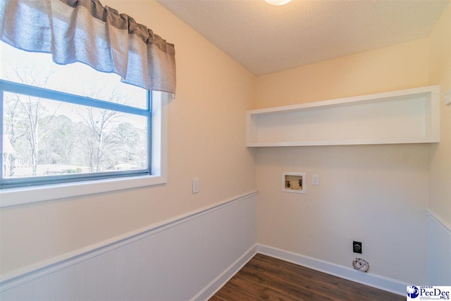 clothes washing area featuring a wainscoted wall, a textured ceiling, dark wood-style floors, hookup for a washing machine, and laundry area