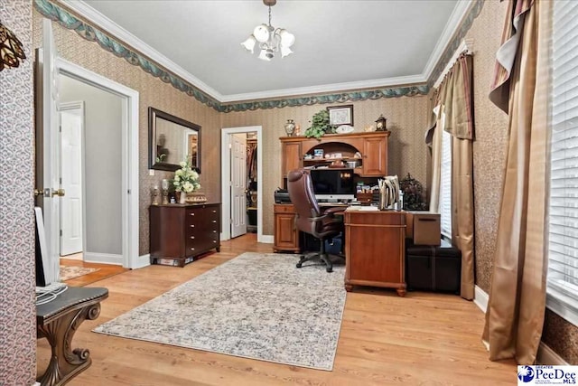 526 Shannon Rd, Marion, SC 29571 - office space with ornamental molding, light wood finished floors, an inviting chandelier, and wallpapered walls