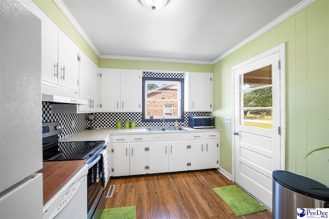 2105 W Downing St, Florence, SC 29501 - kitchen with a sink, stainless steel appliances, under cabinet range hood, tasteful backsplash, and white cabinets