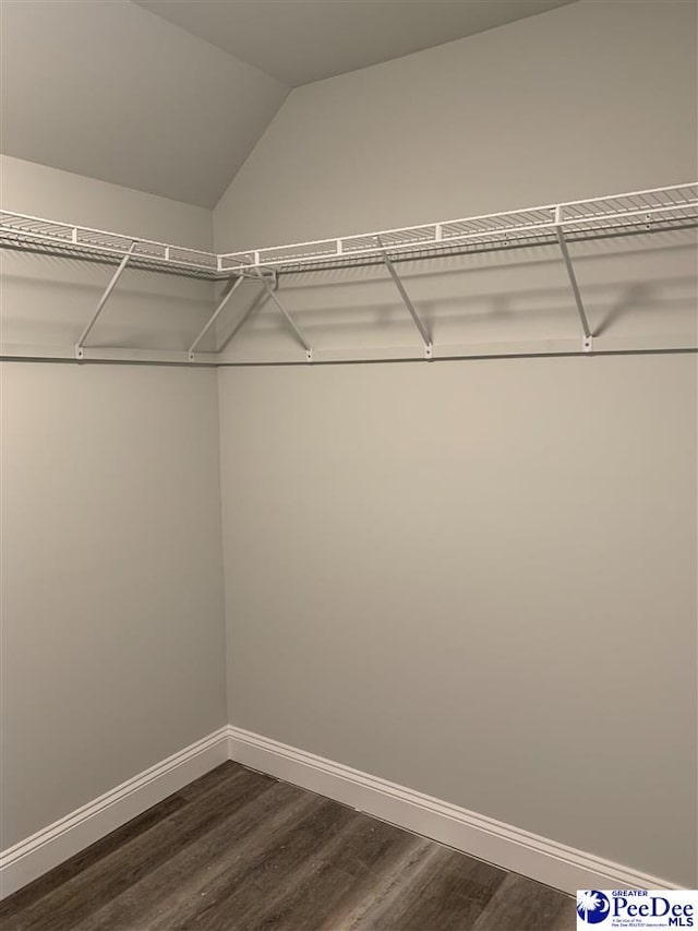 walk in closet with dark wood-type flooring and vaulted ceiling