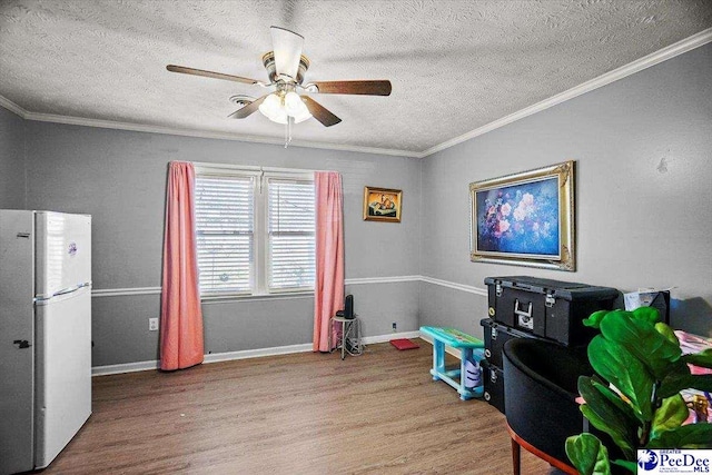 misc room with crown molding, light hardwood / wood-style flooring, and ceiling fan