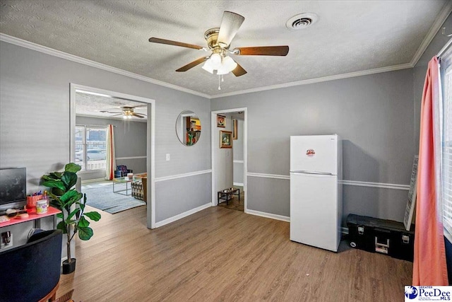 interior space featuring light hardwood / wood-style flooring, ornamental molding, and a textured ceiling