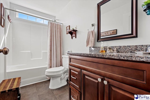 full bath featuring toilet, shower / bathtub combination with curtain, tile patterned flooring, and vanity